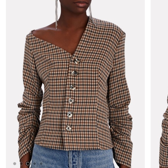 A.w.a.k.e MODE Asymmetric Plaid Wool-Blend Tweed Top - Picture 3 of 7